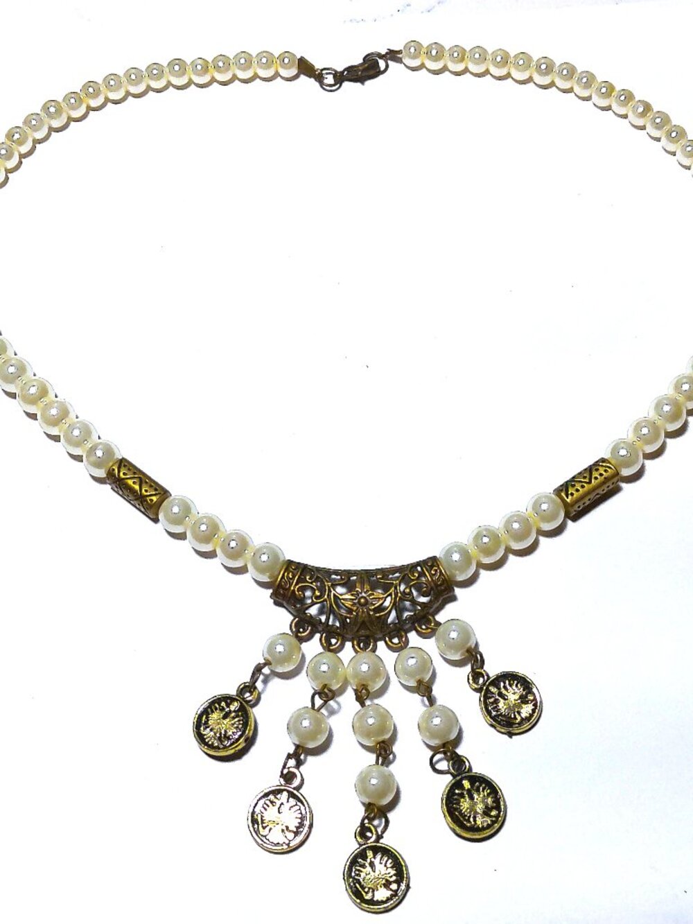 Vintage Pearl Bead Necklace Coin Dangle Pendant Retro Jewelry